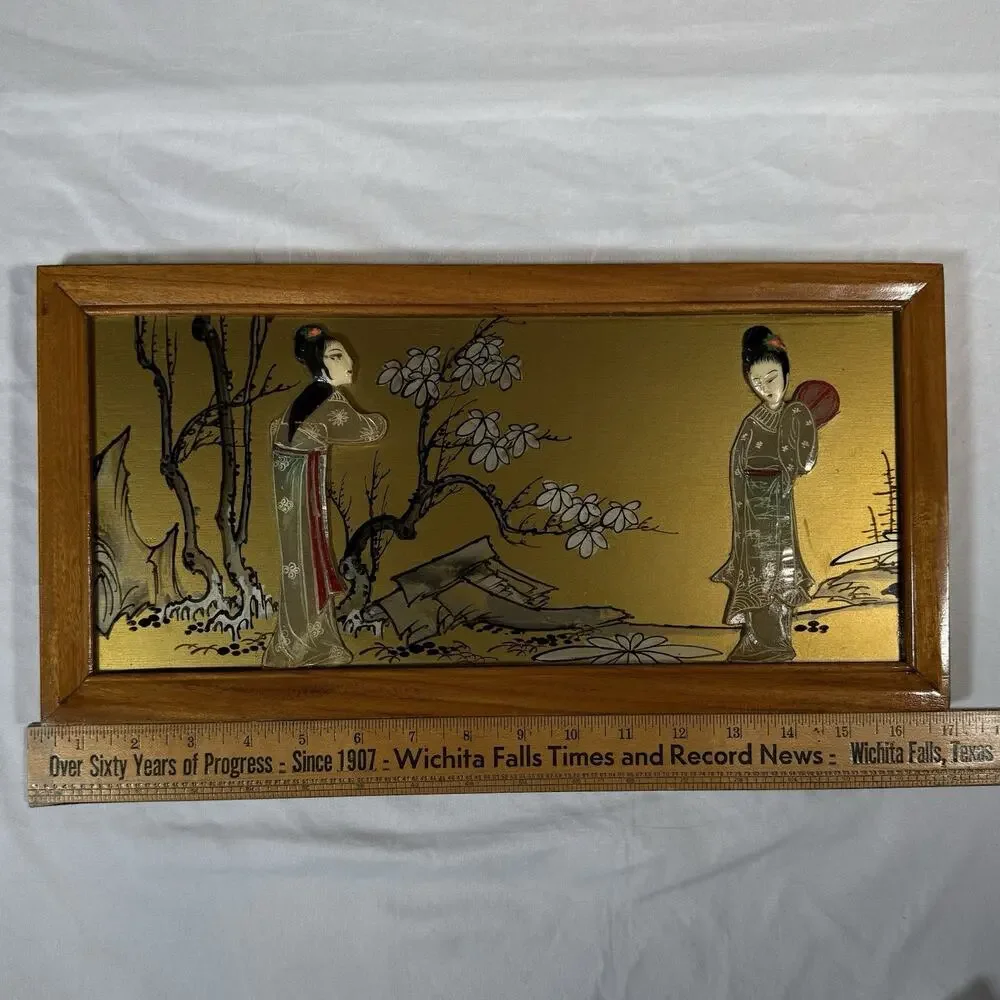 Vintage Asian Reverse Painted Glass Wall Art Geisha Women Gold Background MCM
